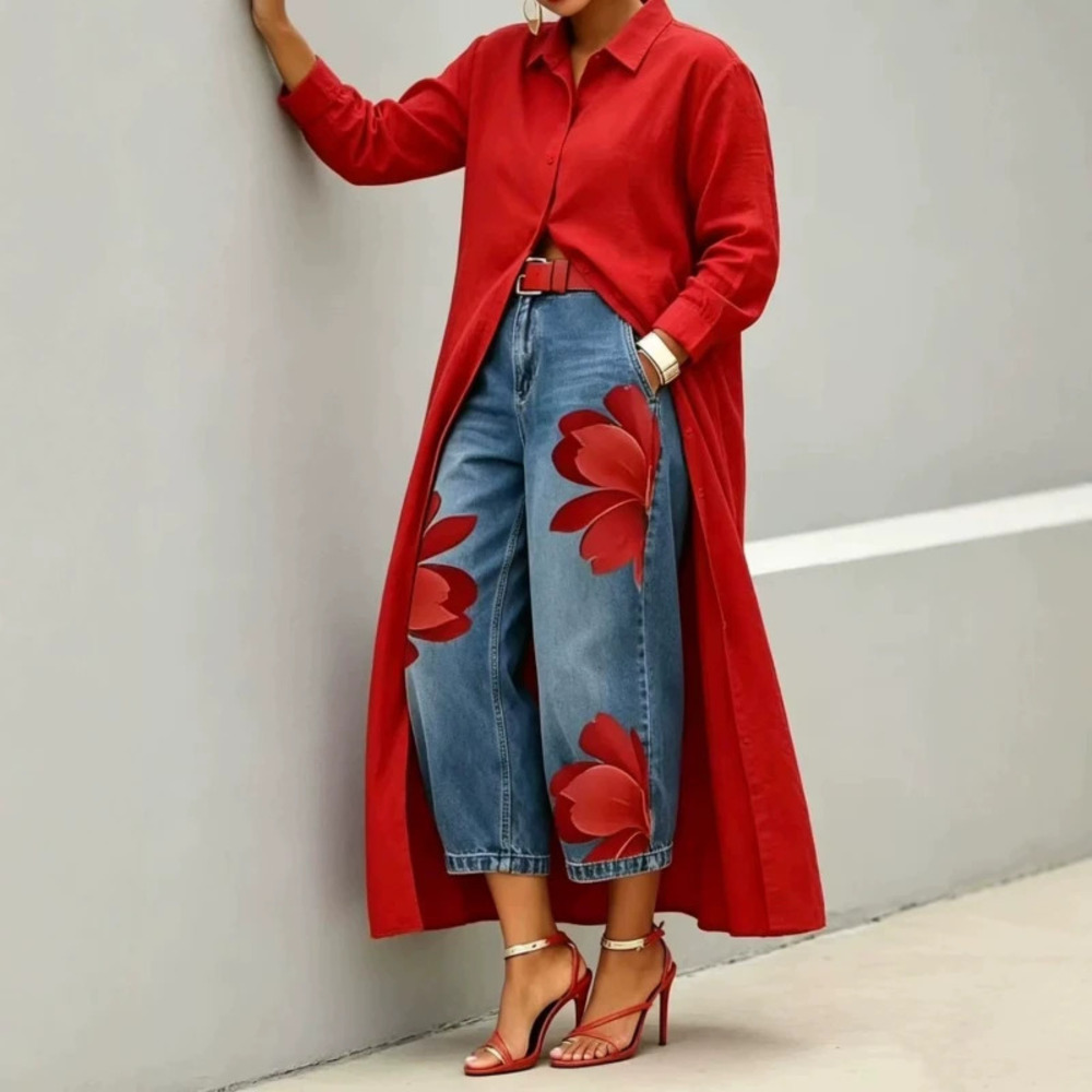H&M  Yellow Long Shirt Jacket and Floral Denim Wide Leg Pants Set Trendy Casual